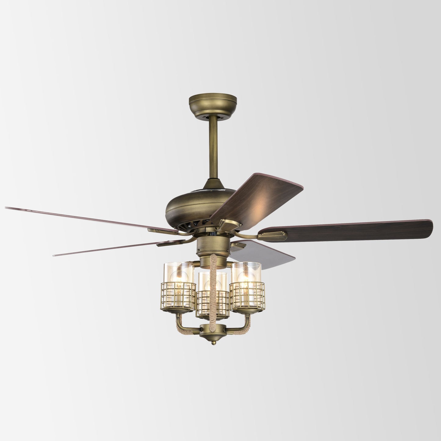 52inch Bronze Metal 3 Lights Ceiling Fan with 5 Wood Blades, Two-color fan blade, AC Motor, Remote Control, Reversible Airflow