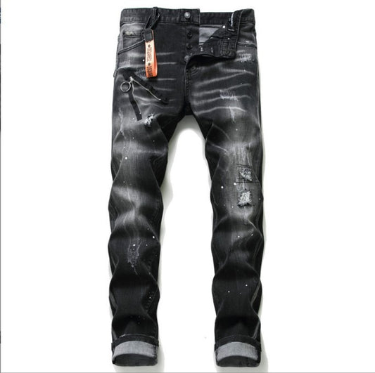 Black and gray paint with torn holes wild zipper decoration personalized new jeans for men