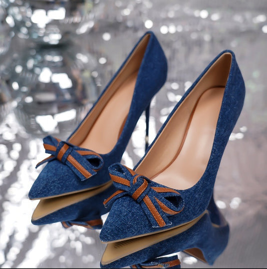 Women's shoes with pointed denim fabric bow thin high heels shallow cut single shoes