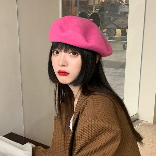 Wool beret female retro candy colored painter hat