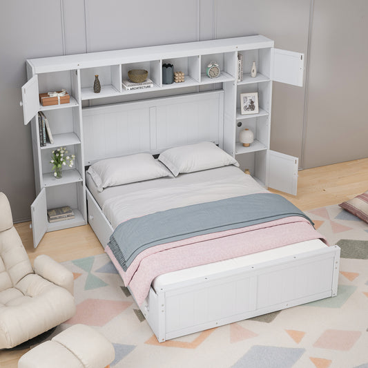 Elegant and Functional Full Size Wood Bed with 4 Drawers and All-in-One Cabinet and Shelf White