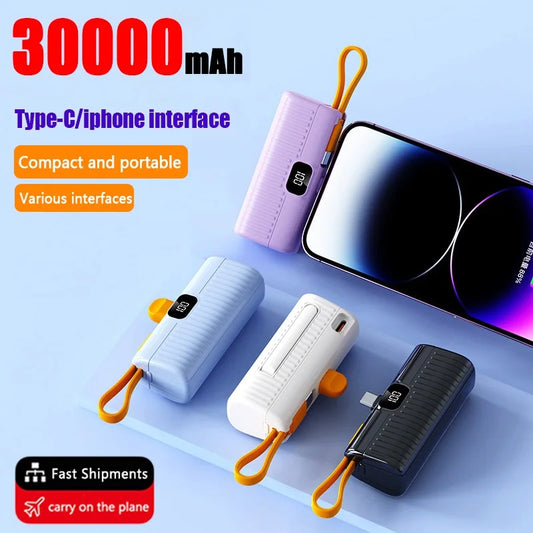 30000Mah Mini Power Bank Ingebouwde Kabel Powerbank Digitale Display Externe Batterij Draagbare Oplader Voor Iphone Samsung Xiaomi