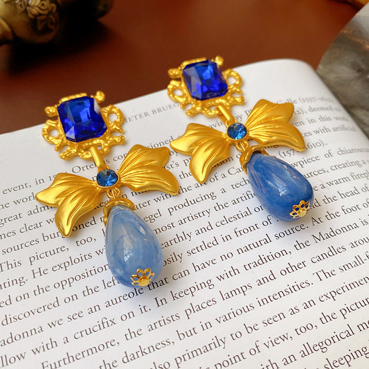 Diamond bow water drop earrings, light luxury and high-end earrings