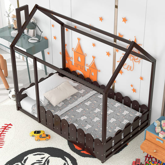 {Slats are not included}Twin Size Wood Bed House Bed Frame with Fence for KidsTeens Girls Boys