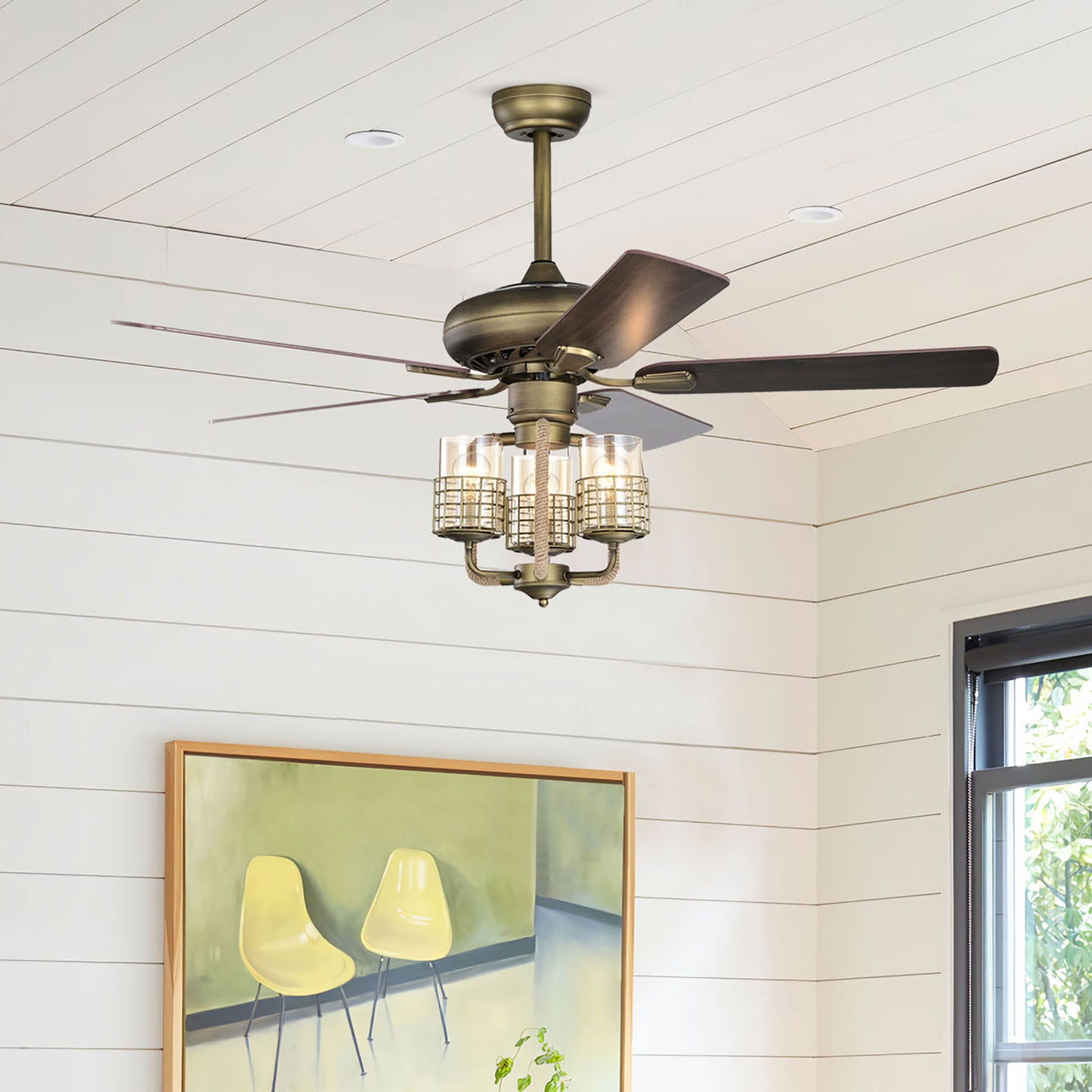 52inch Bronze Metal 3 Lights Ceiling Fan with 5 Wood Blades, Two-color fan blade, AC Motor, Remote Control, Reversible Airflow