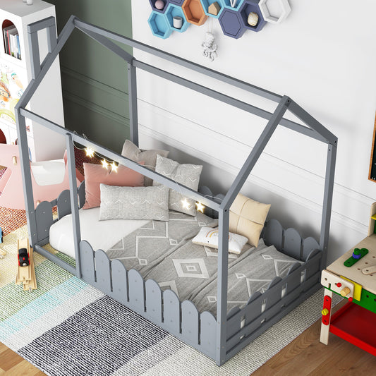 {Slats are not included}Twin Size Wood Bed House Bed Frame with Fence for Kids Teens Girls Boys {Gray}